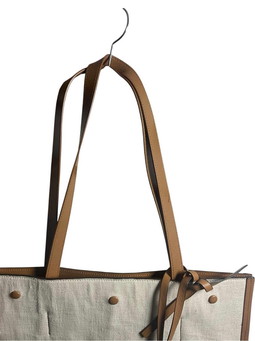 Cream Canvas Tote with Tan Leather Trim and Tag - Picture 4 of 13